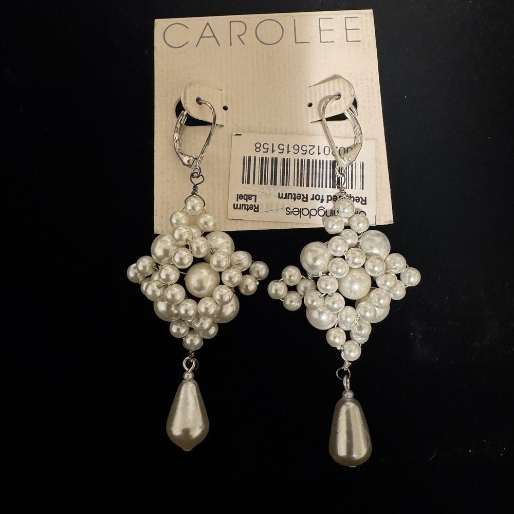 Vintage CAROLEE  Silver Tone Seed Pearl Floral Drop  Earrings